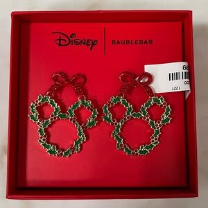 Disney BaubleBar Red Bow and Green Mickey Mouse Holly Wreath Christmas Earrings